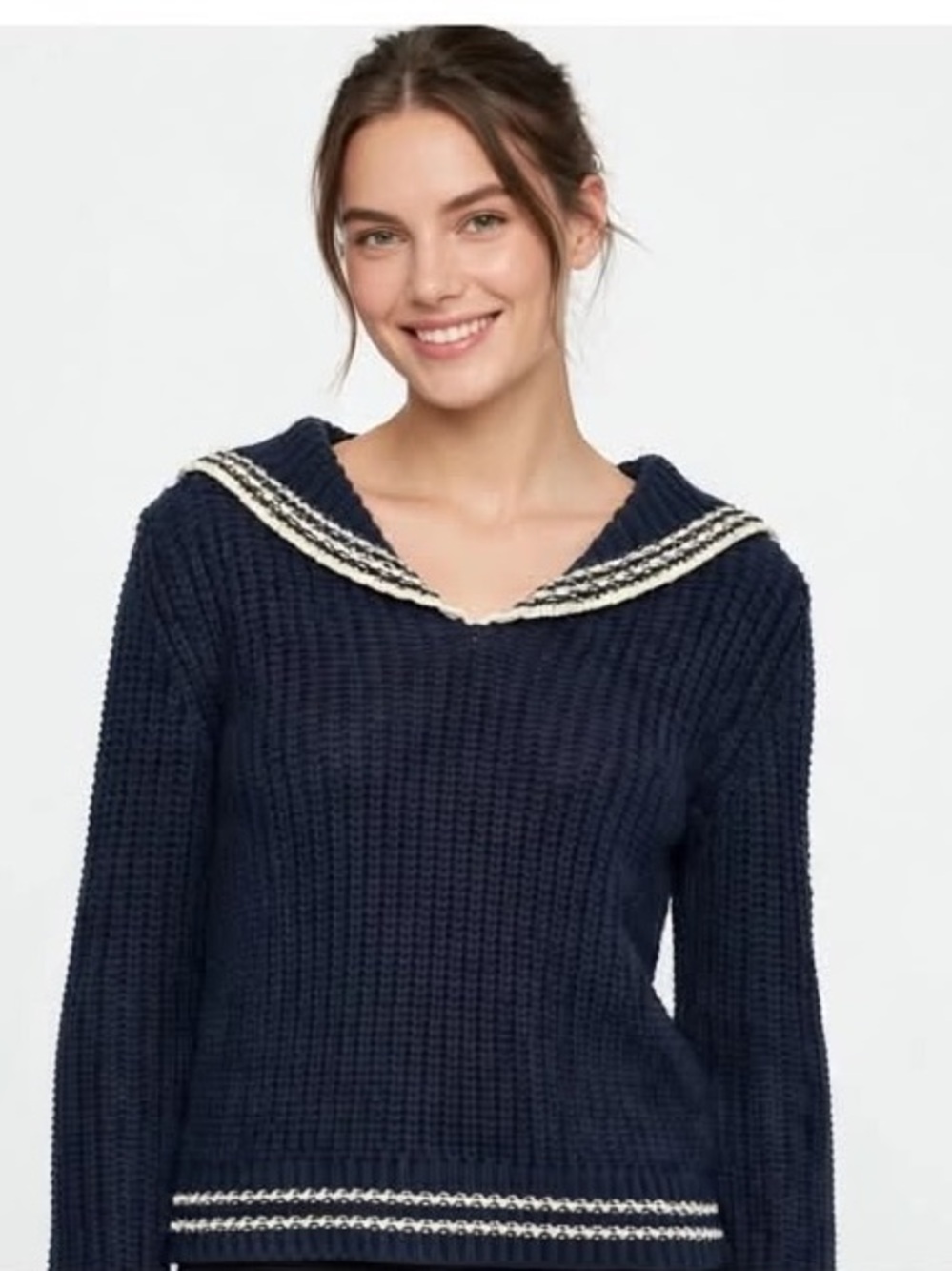 Marled Navy V-Neck Sweater with Cream Trim